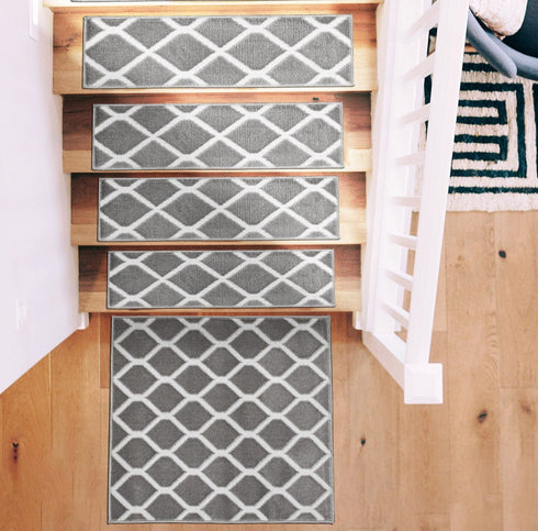 Gray/White Willow Premium Quality Turkish Carpet Stair Treads  - Machine Washable  Non Slip Stair Treads with TPR Backing